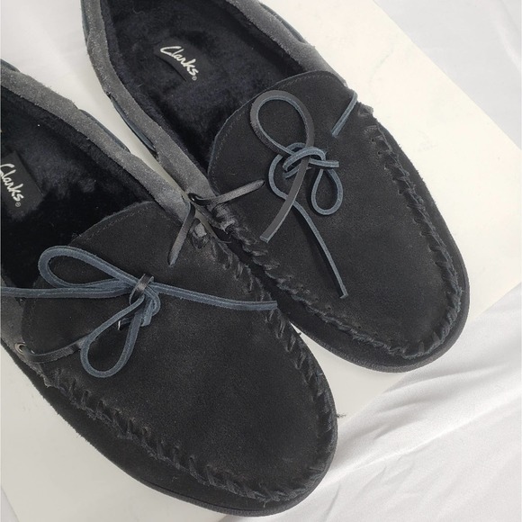 Clarks sherman leather fur lined house slippers mens 10 black